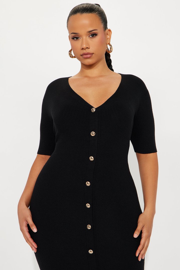 Kaia Belted Ribbed Midi Dress - Black