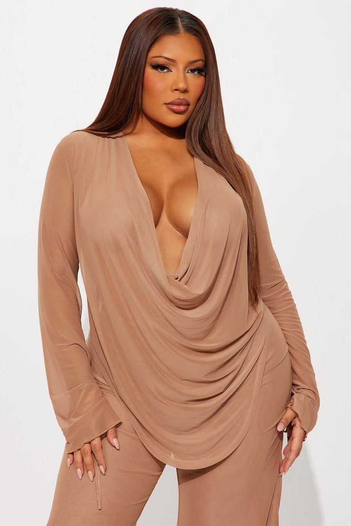 Silent Muse Cowl Neck Mesh Pant Set - Mocha