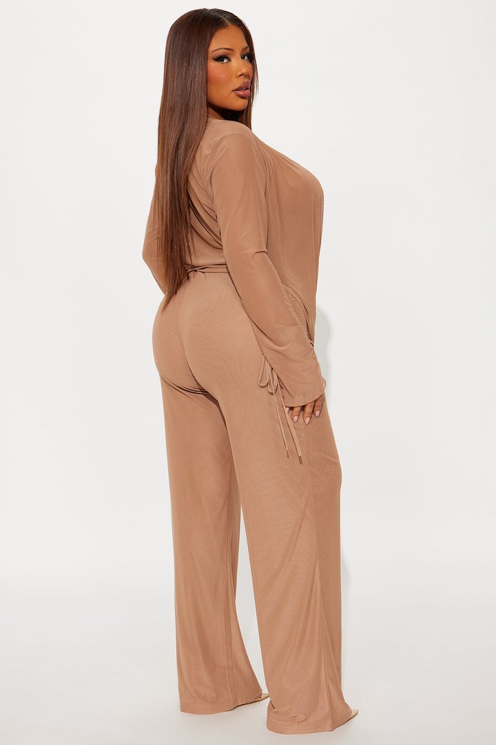 Silent Muse Cowl Neck Mesh Pant Set - Mocha
