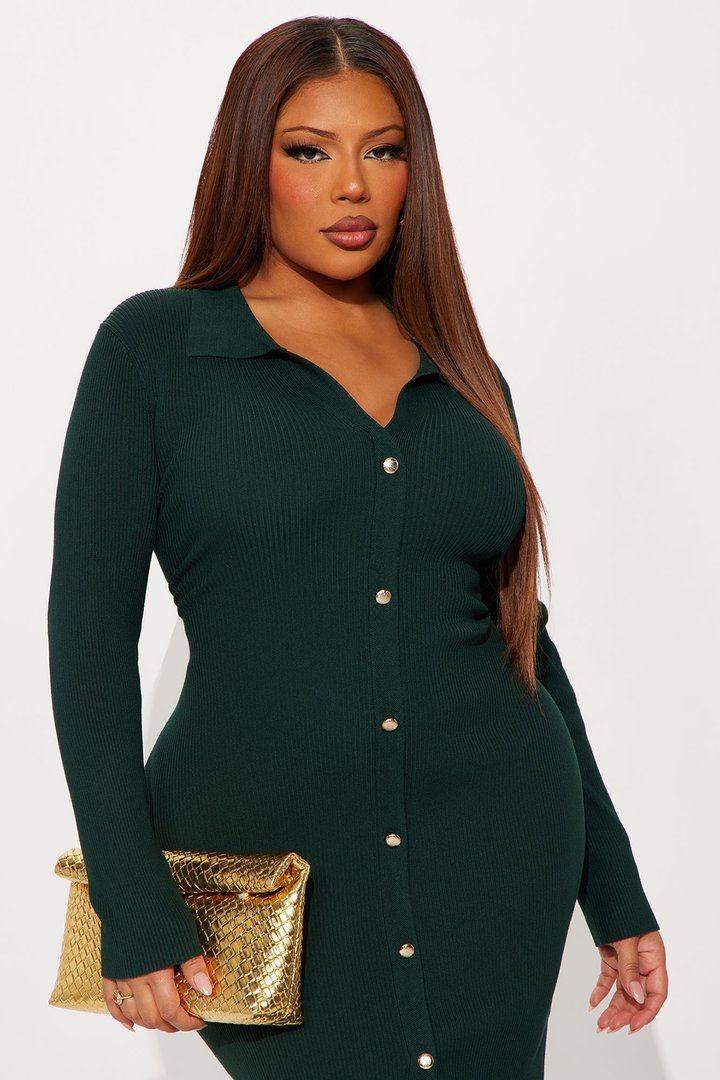 Jada Long Sleeve Ribbed Midi Dress - Hunter