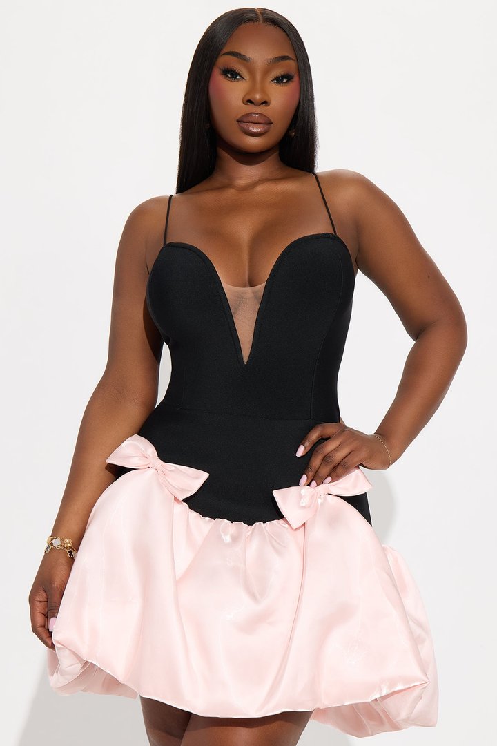 Brianna Bubble Bow Bandage Mini Dress - Black/Pink
