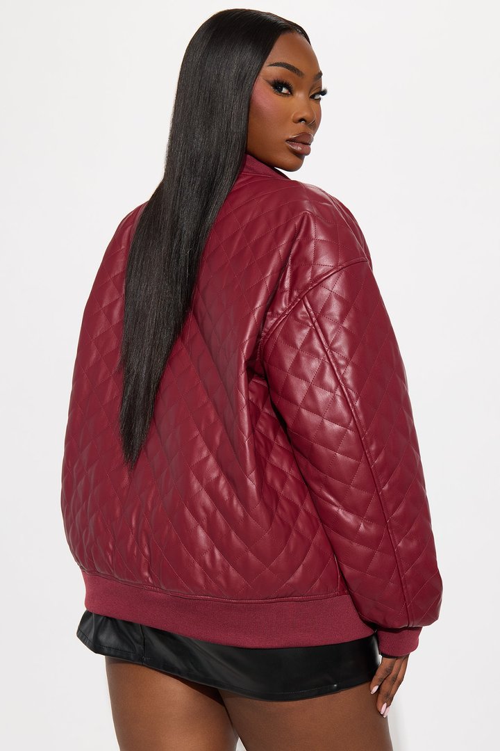 Around The Way Quilted Faux Leather Bomber Jacket - Burgundy