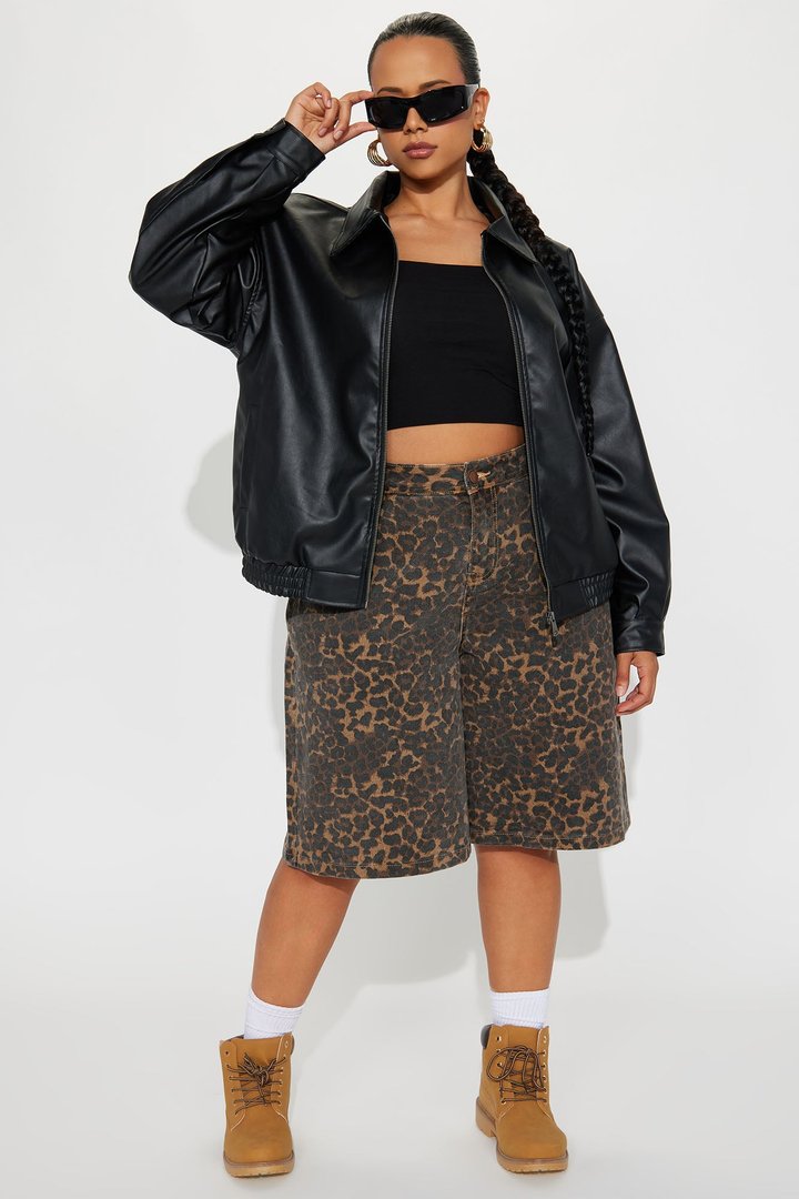 Hustle Mode Oversized Faux Leather Jacket - Black