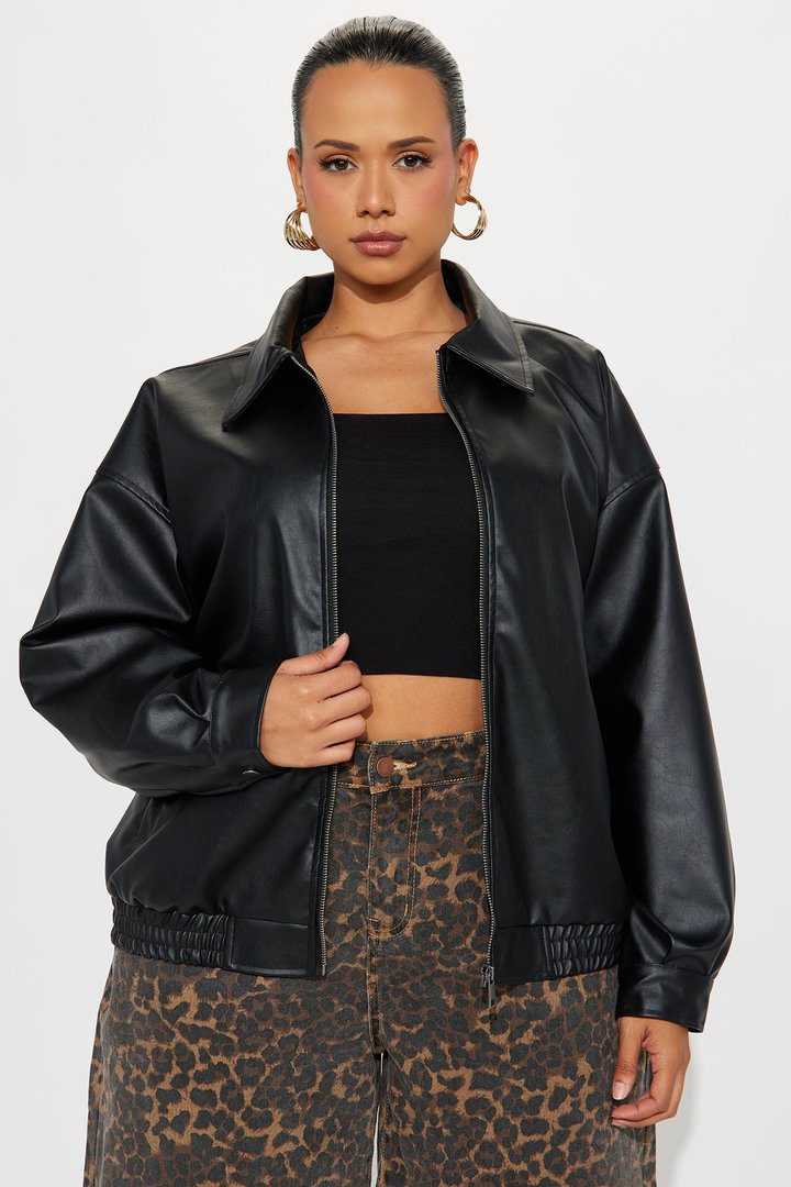Hustle Mode Oversized Faux Leather Jacket - Black