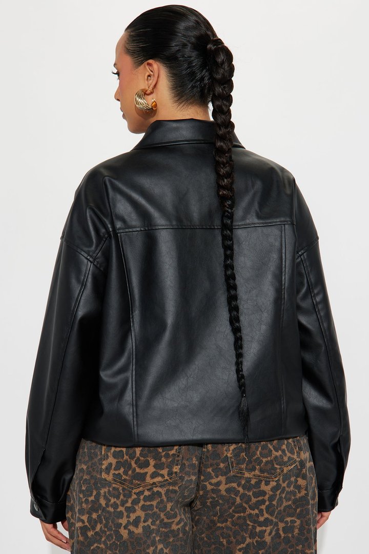 Hustle Mode Oversized Faux Leather Jacket - Black