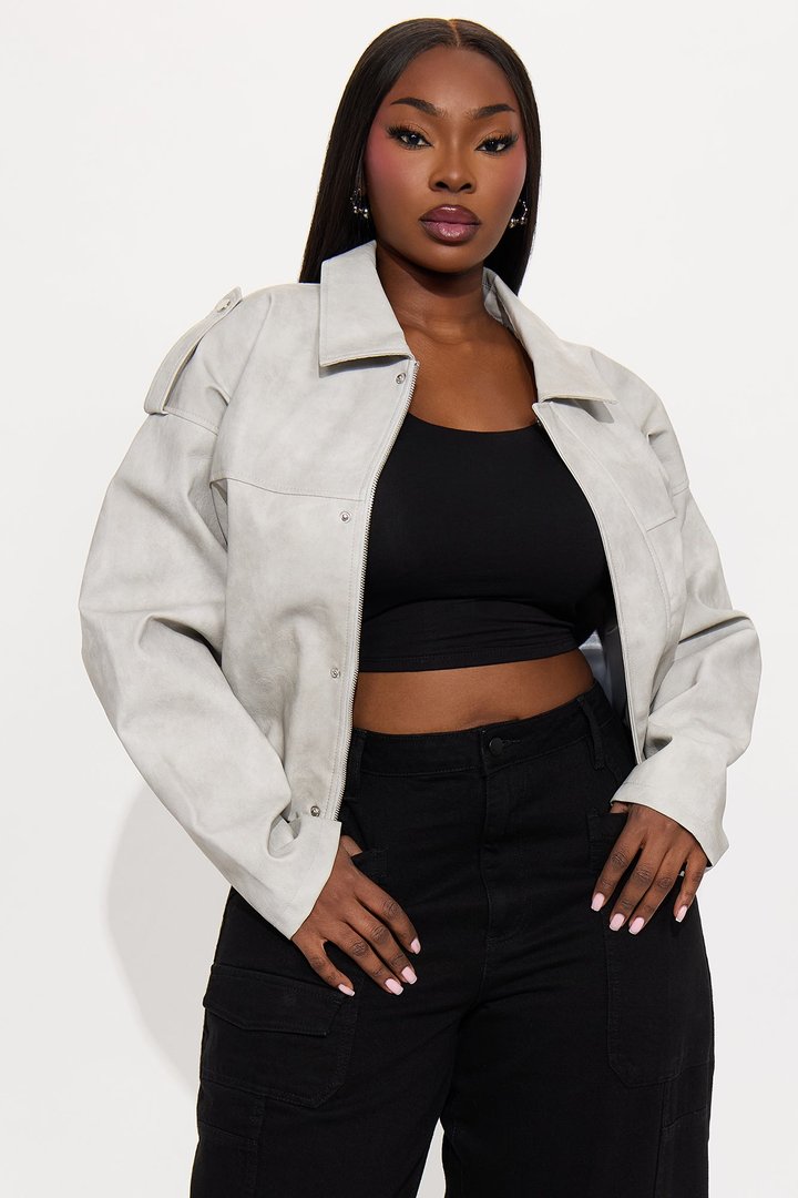 Chelsea Washed Faux Leather Bubble Jacket - Light Grey