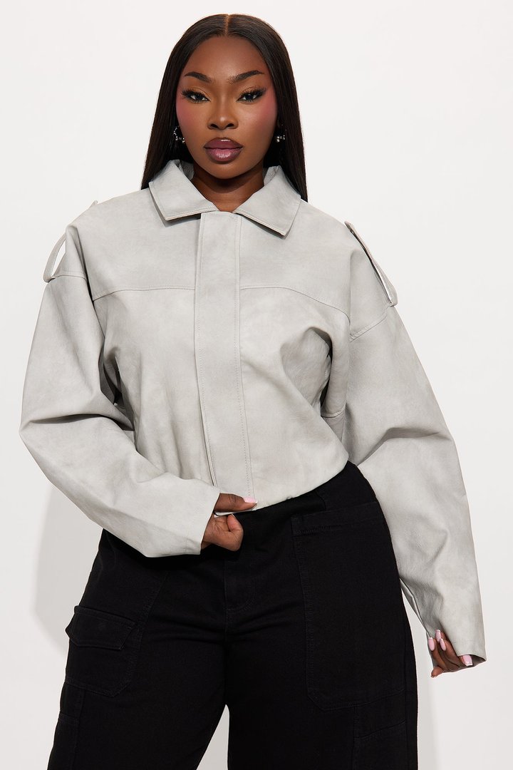 Chelsea Washed Faux Leather Bubble Jacket - Light Grey