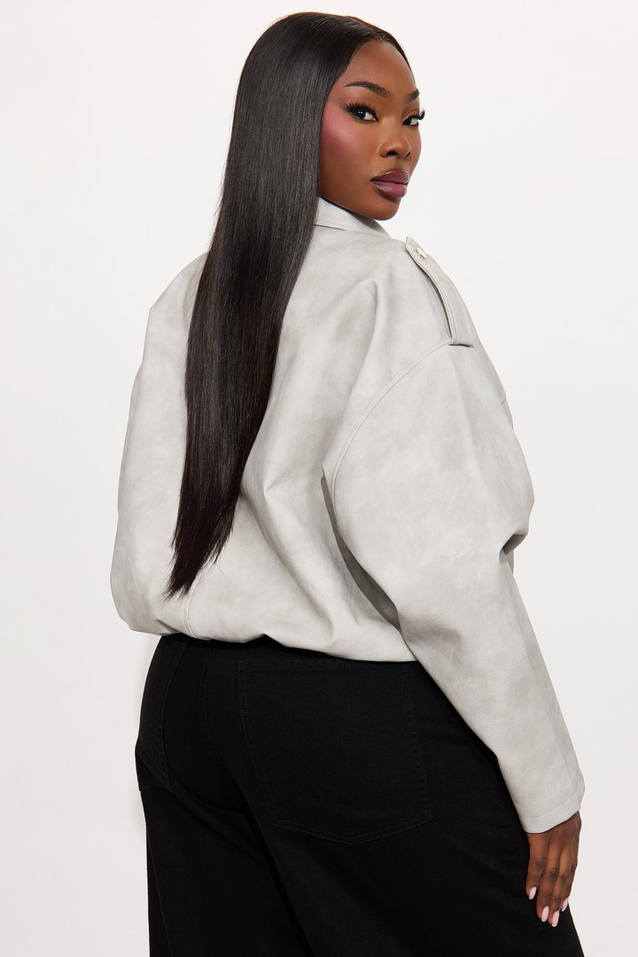 Chelsea Washed Faux Leather Bubble Jacket - Light Grey