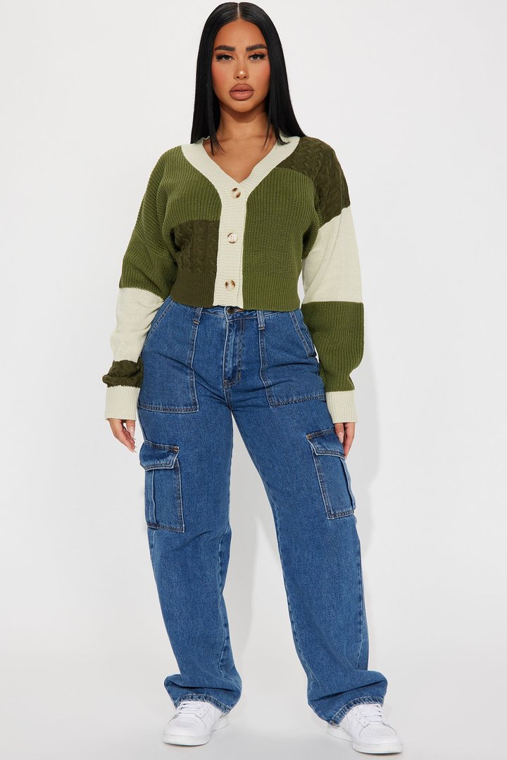 Good Form Cropped Color Block Sweater - Olive/combo