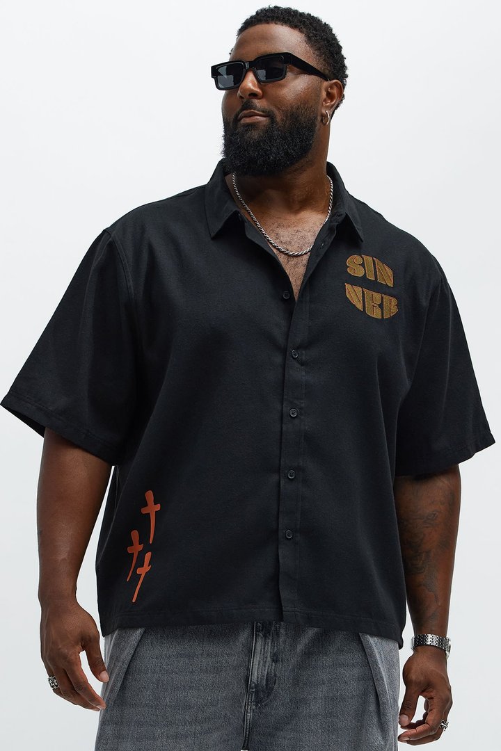 Sinner Cropped Button Up Shirt - Black