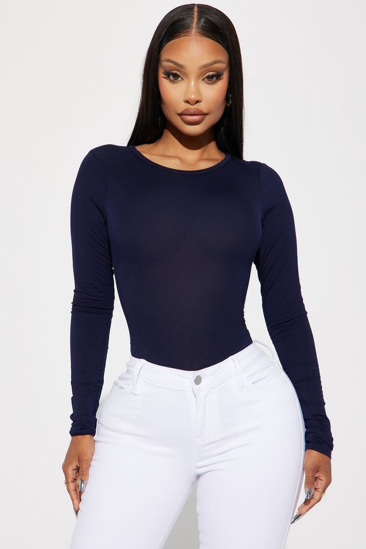 Krystal Crew Neck Long Sleeve Bodysuit - Navy