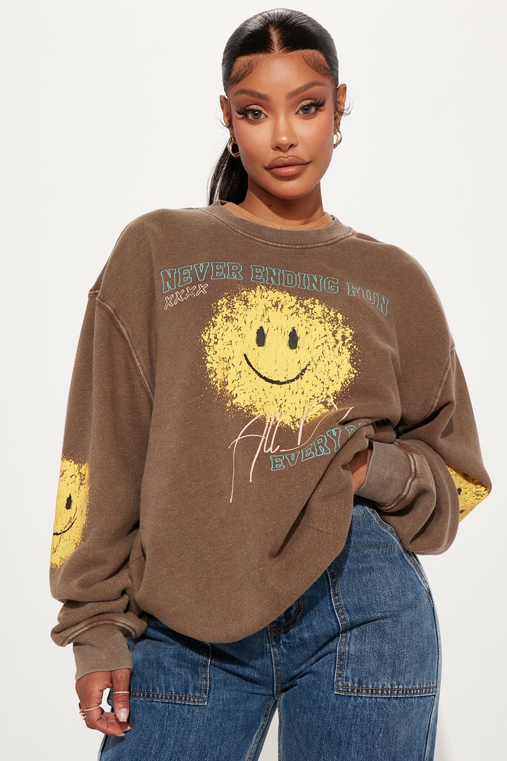 Smiley Face Washed Sweatshirt - Brown Combo