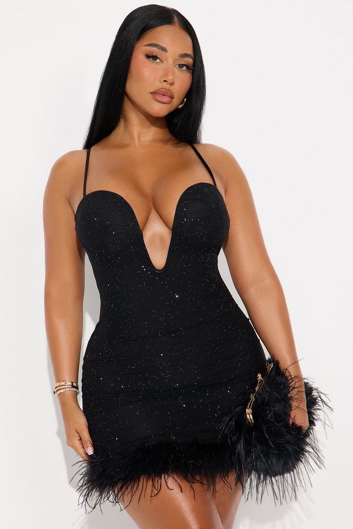Isadora Feather Glitter Mesh Micro Mini Dress - Black