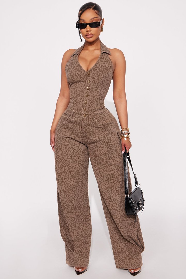 Liona Leopard Barrel Leg Jumpsuit - Brown/combo