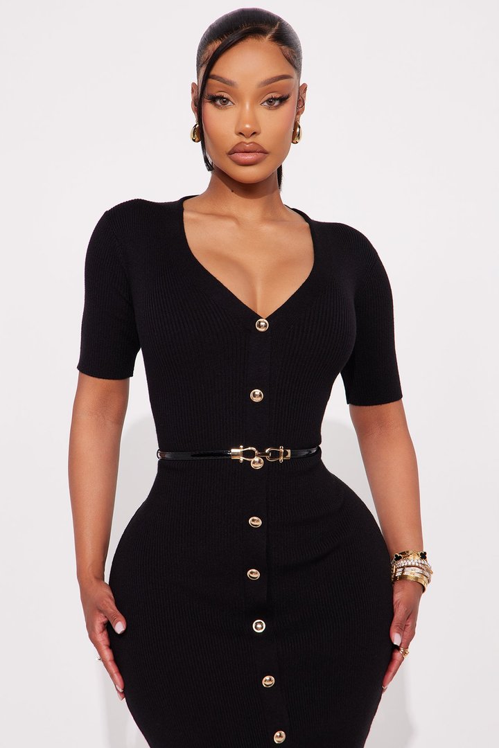 Kaia Belted Ribbed Midi Dress - Black