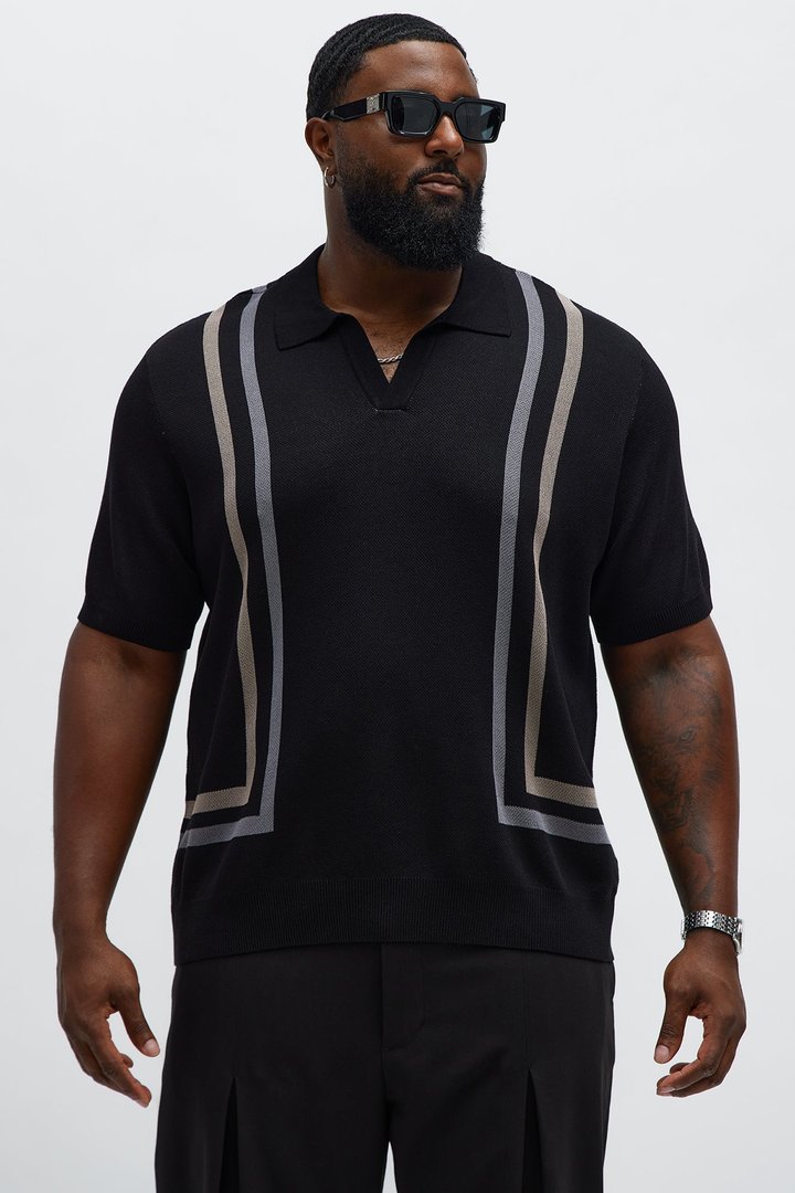 Seeing Lines Knit Johnny Collar Shirt - Black/combo