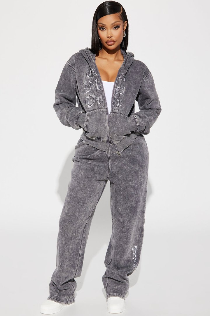 Good Vibes Washed Zip Front Hoodie - Grey/combo