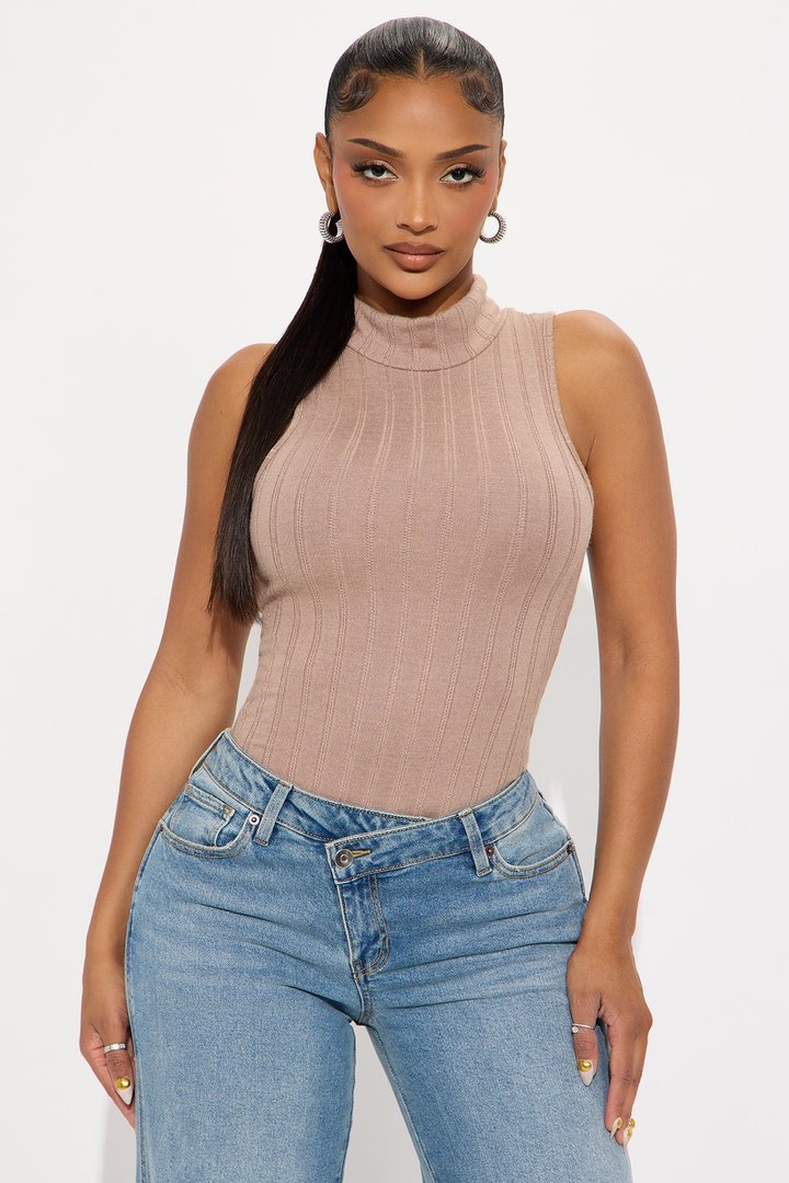 Antonella Mock Neck Ribbed Bodysuit - Mocha