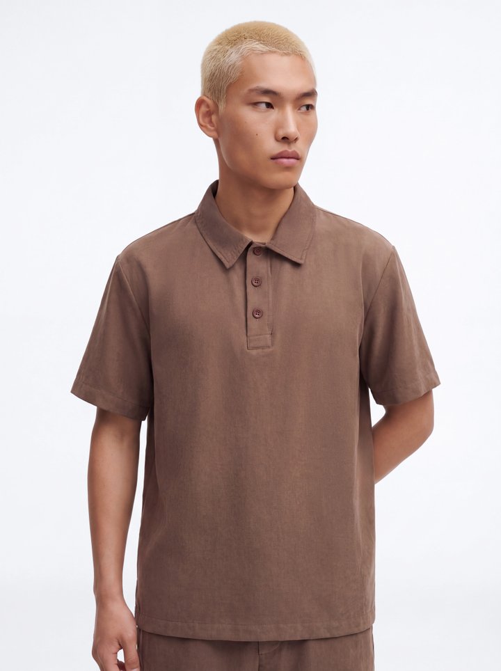 Neo Faux Suede Short Sleeve Polo - Brown