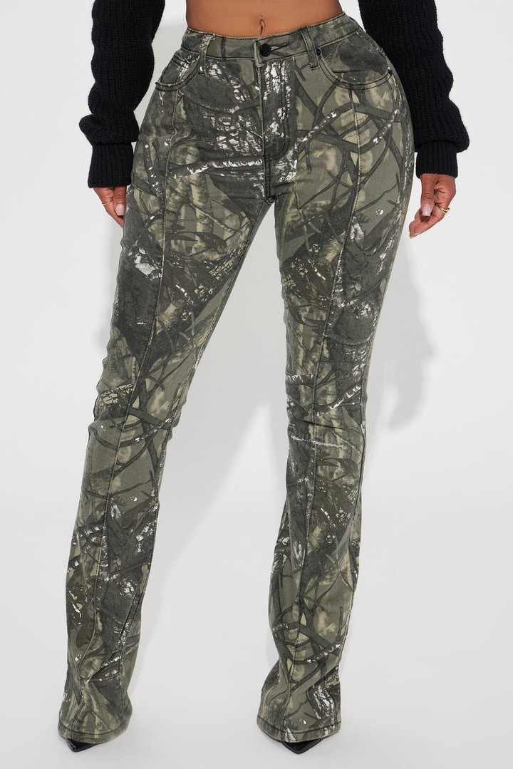 Commanding Attention Camo Stretch Flare Jeans - Black/combo