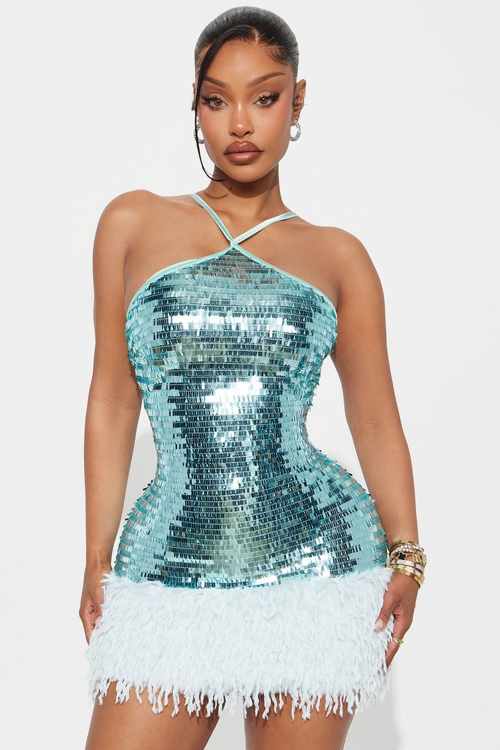 Tatum Feather Sequin Mini Dress - Aqua