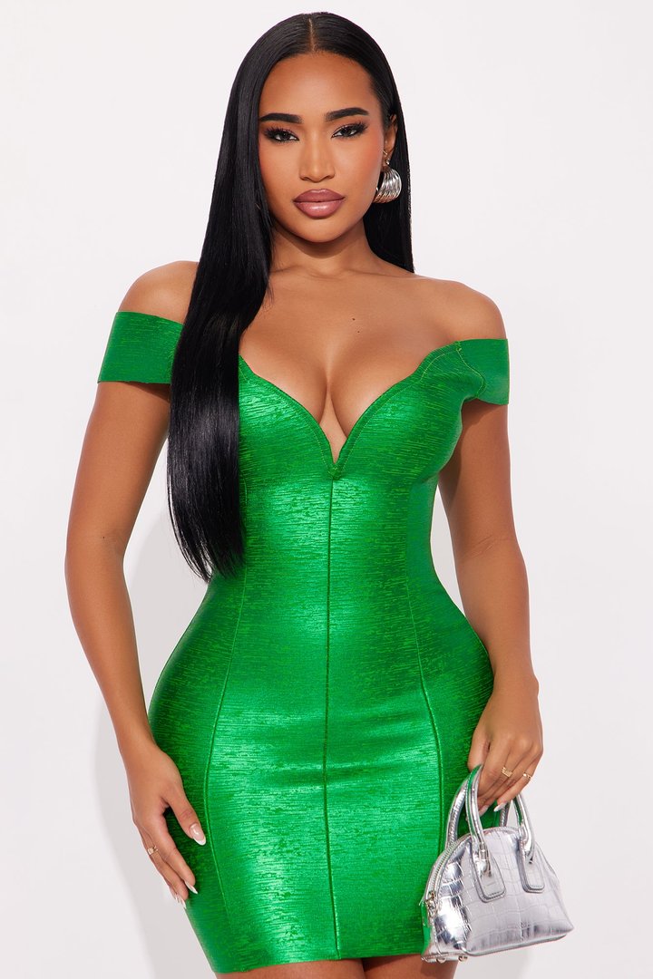 Jeannie Metallic Bandage Mini Dress - Green