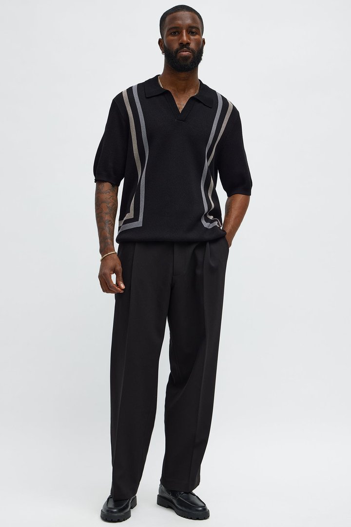 Seeing Lines Knit Johnny Collar Shirt - Black/combo