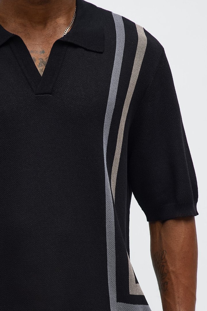 Seeing Lines Knit Johnny Collar Shirt - Black/combo