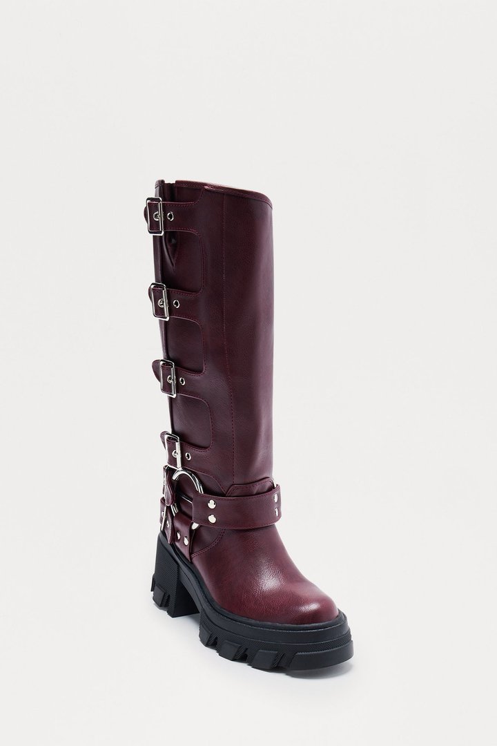 Buckle Up Butter Cup Knee High Boots - Burgundy