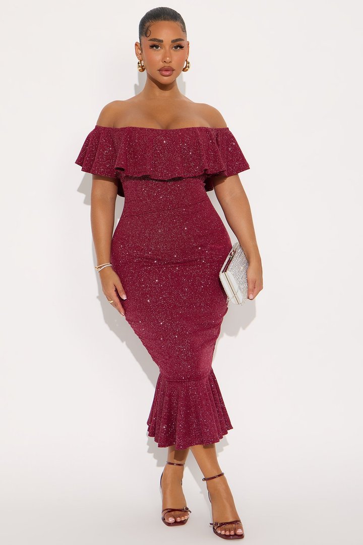 Halle Off Shoulder Midi Dress - Burgundy