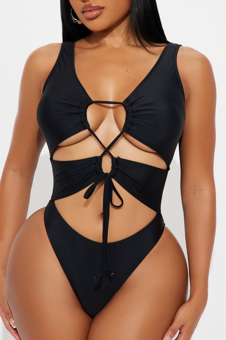Sunny Rays Lace Up Cutout 1 Piece Swimsuit - Black