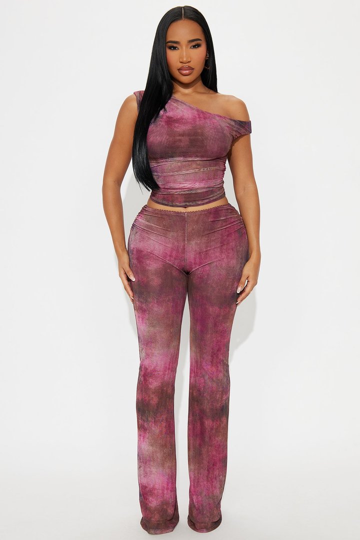 Tara One Shoulder Mesh Pant Set - Plum