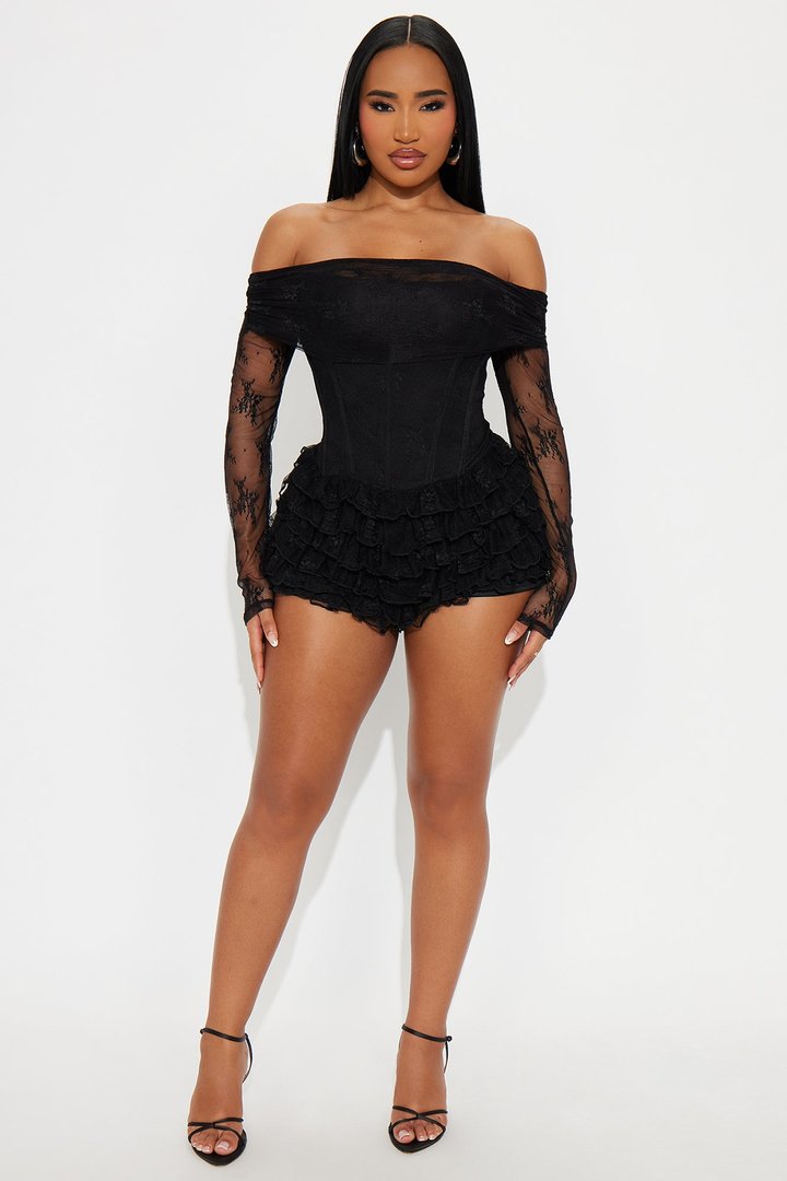 Sweet Rush Lace Ruffle Romper - Black