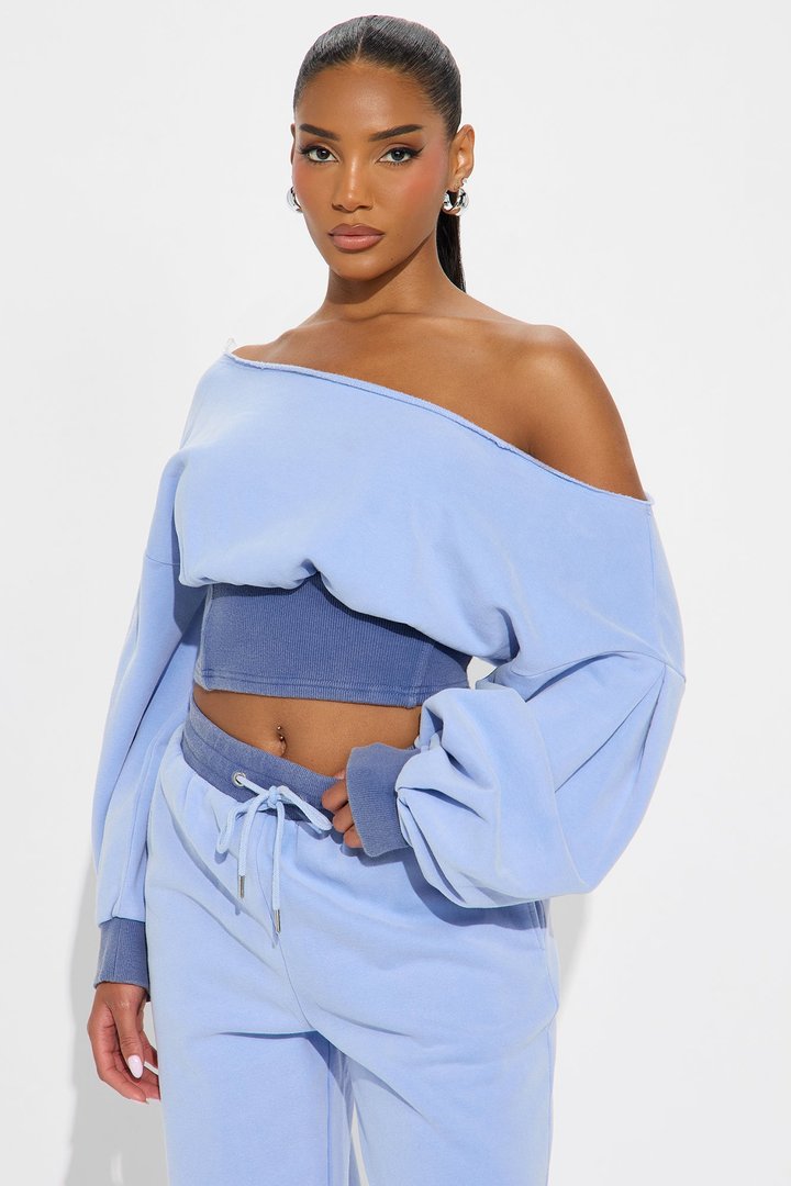 Come Find Me Washed Fleece Mix Pant Set - Periwinkle