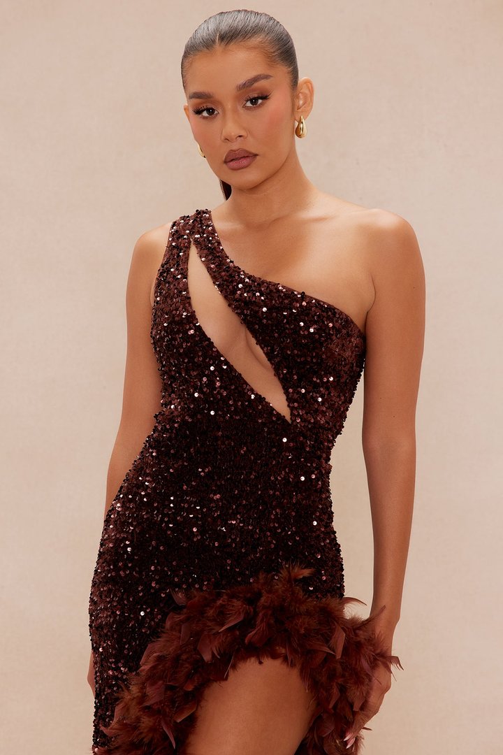 Esme Sequin Feather Maxi Dress - Chocolate