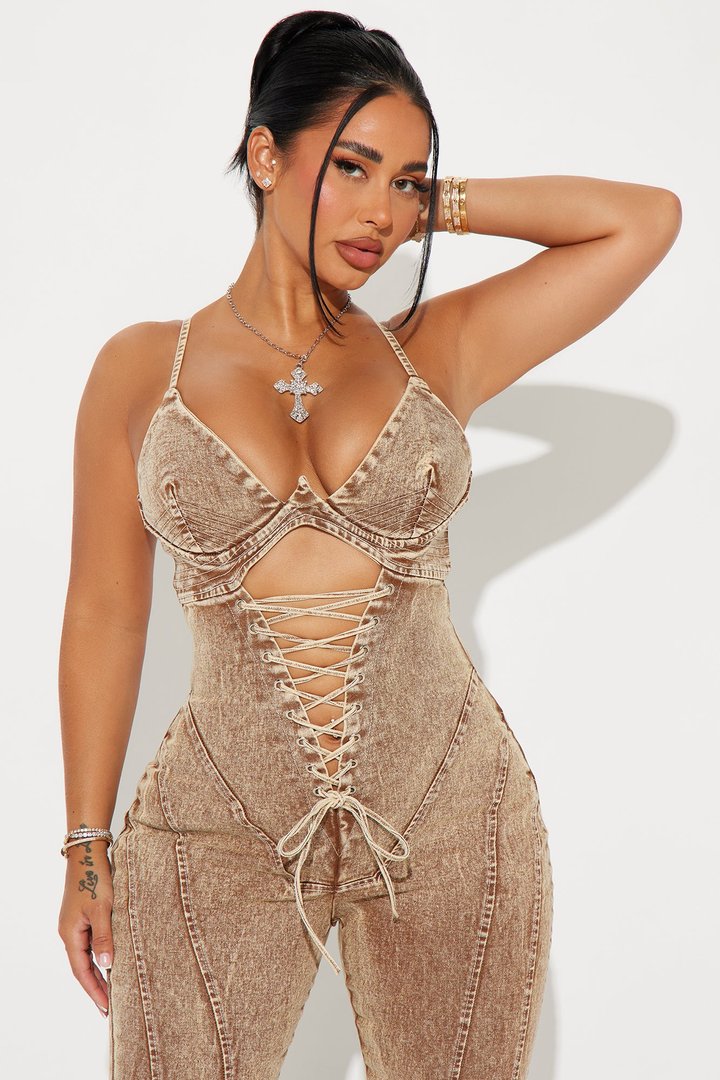 Level You Up Washed Denim Jumpsuit - Tan