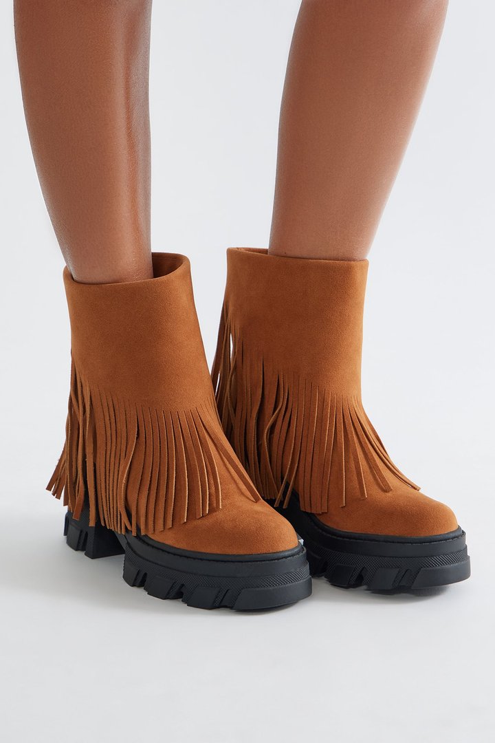 Ian Faux Suede Tassel Booties - Chestnut