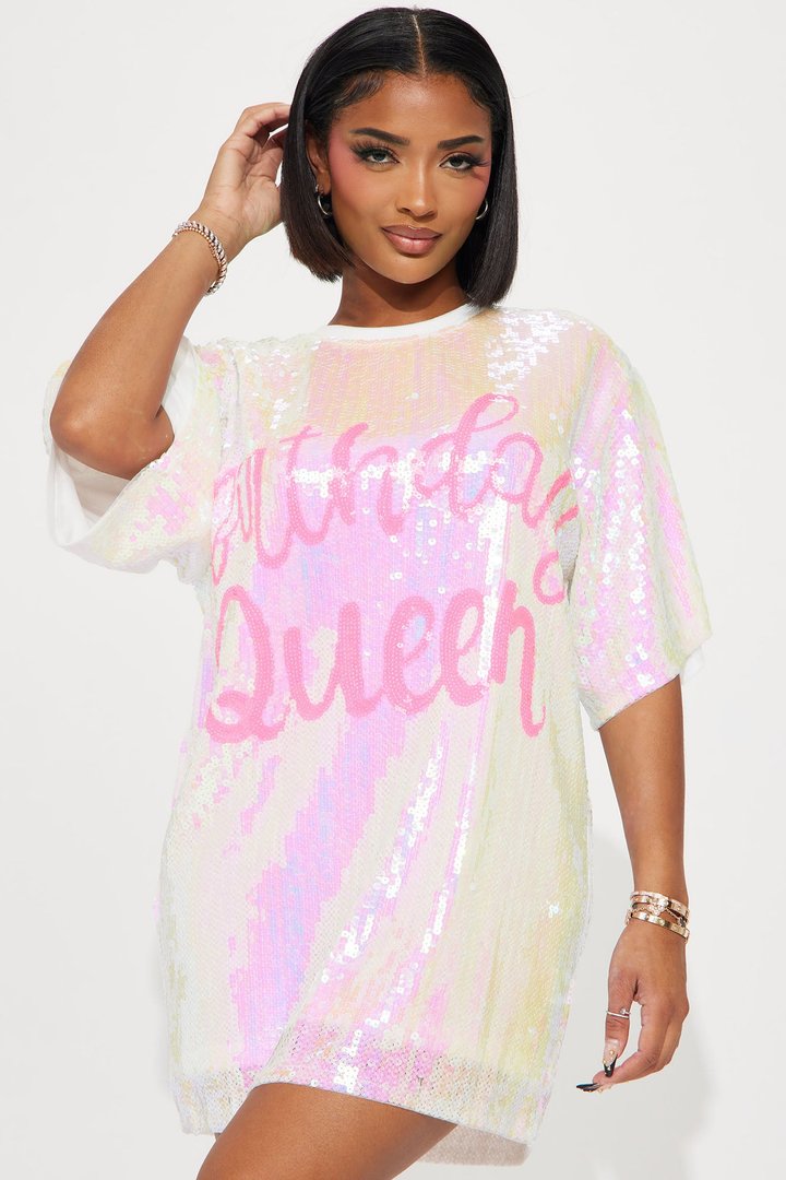 Always The Birthday Queen Sequin Shirt Dress - White