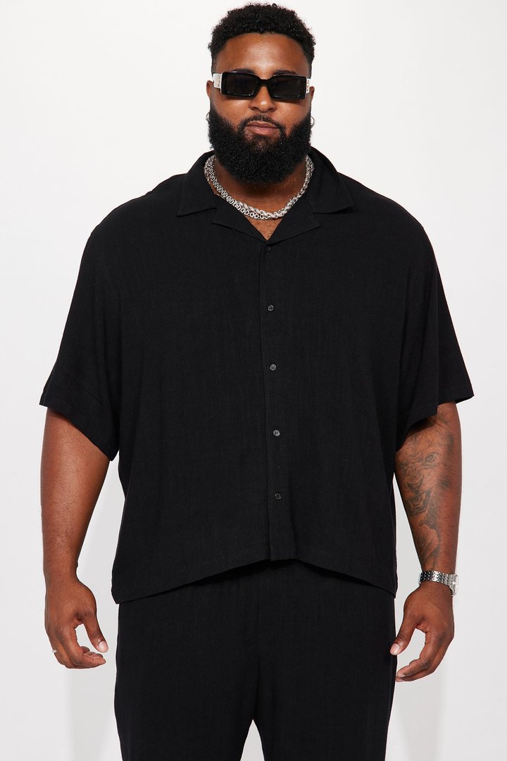 Solid Textured Linen Button Up Shirt - Black
