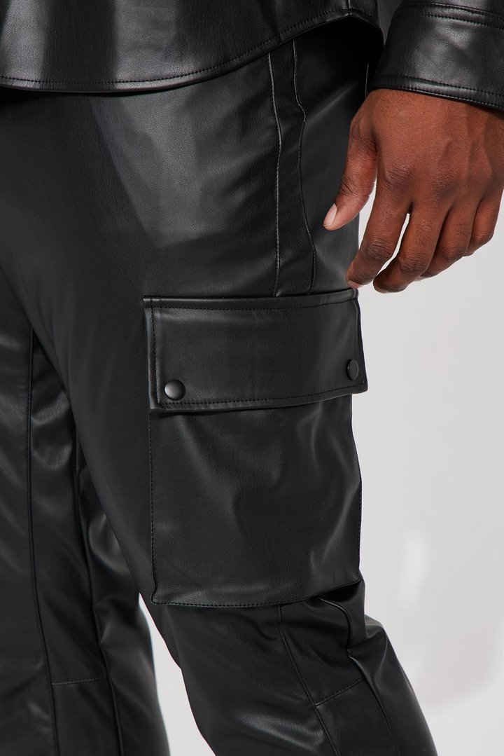 Finest Faux Leather Cargo Slim Flare Pants - Black