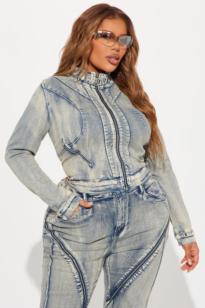 Locking In Stretch Moto Denim Jacket - Vintage Wash
