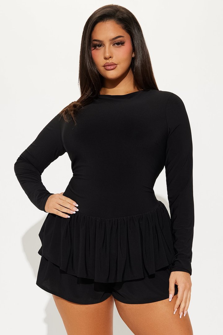 Just A Girl Long Sleeve Romper - Black