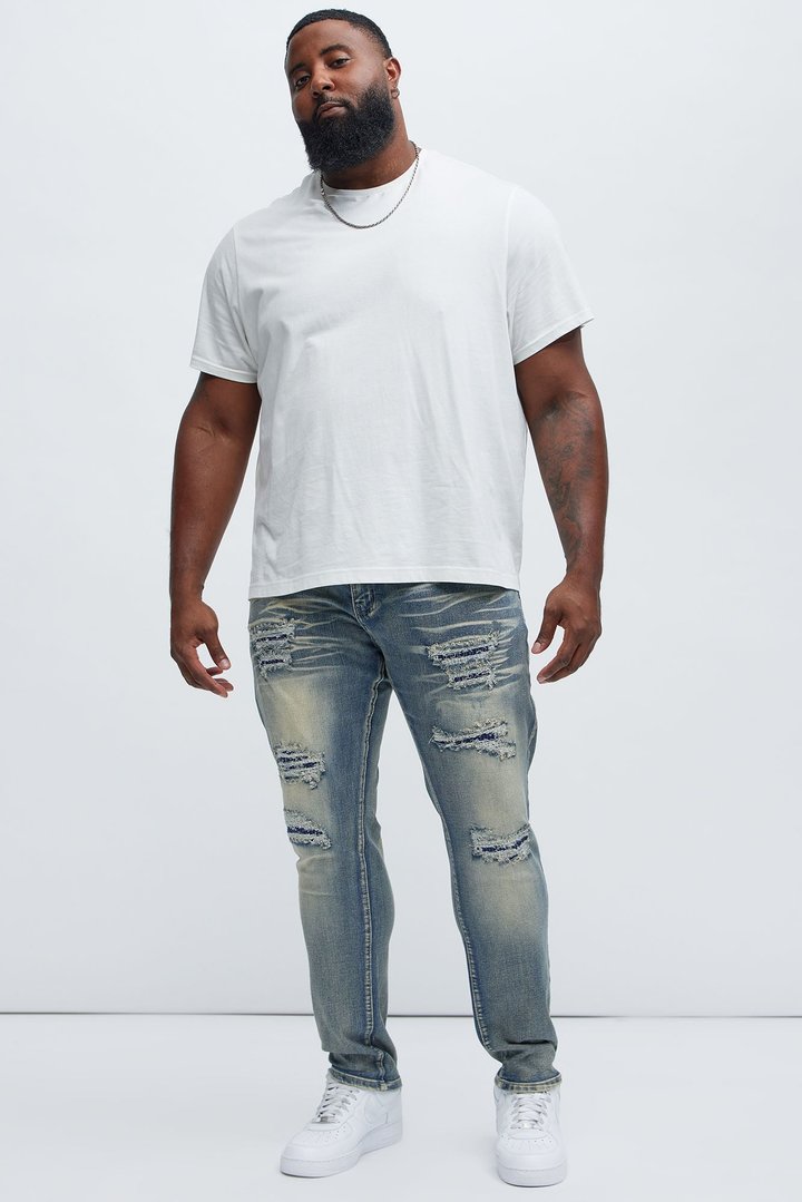Come My Way Ripped Stacked Skinny Jeans - Dark Wash