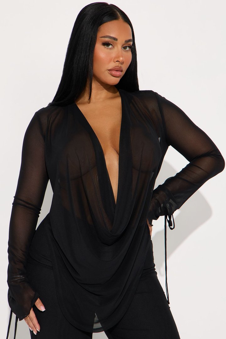 Silent Muse Cowl Neck Mesh Pant Set - Black