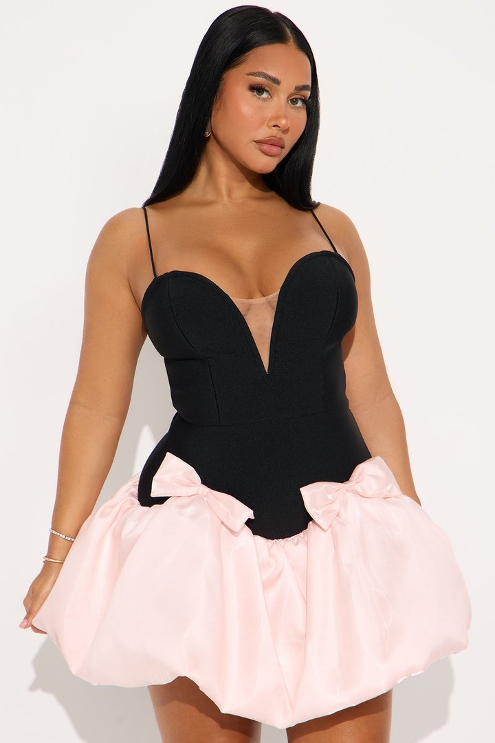 Brianna Bubble Bow Bandage Mini Dress - Black/Pink