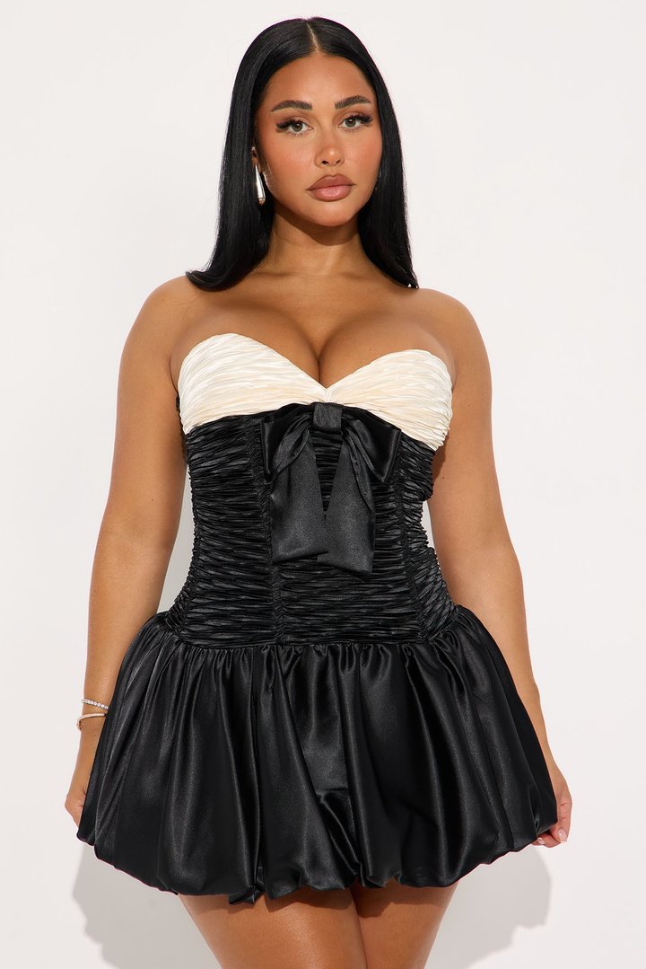 Monique Satin Bubble Mini Dress - Black