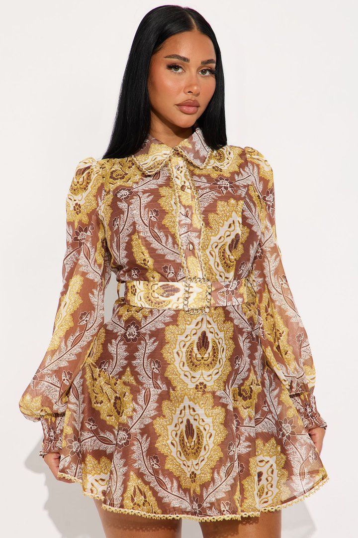 Darlington Belted Chiffon Shirt Mini Dress - Brown/combo
