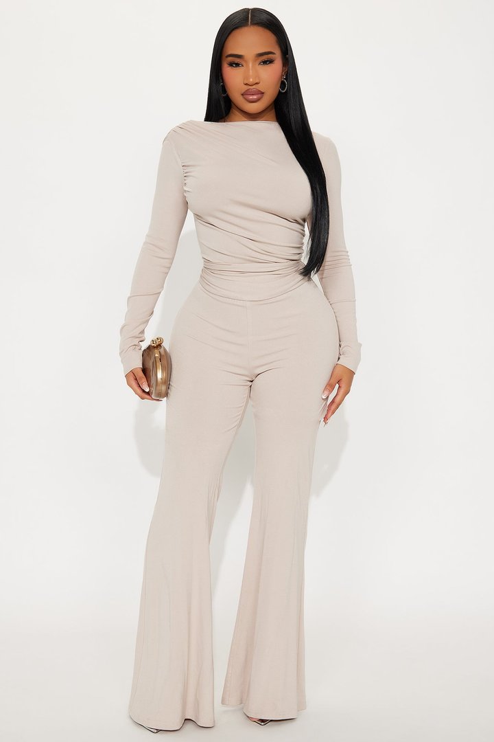 Isabella Ribbed Long Sleeve Jumpsuit - Stone