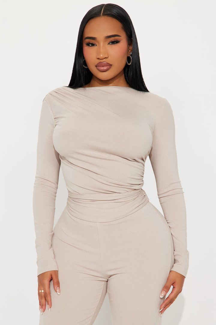 Isabella Ribbed Long Sleeve Jumpsuit - Stone
