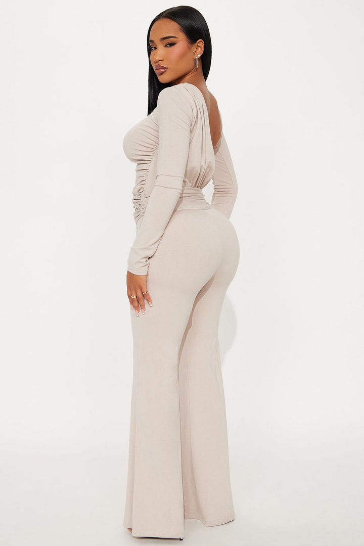 Isabella Ribbed Long Sleeve Jumpsuit - Stone